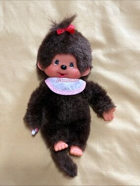 Monchhichi Brown Plush Doll with Red Bow and Pink Bib